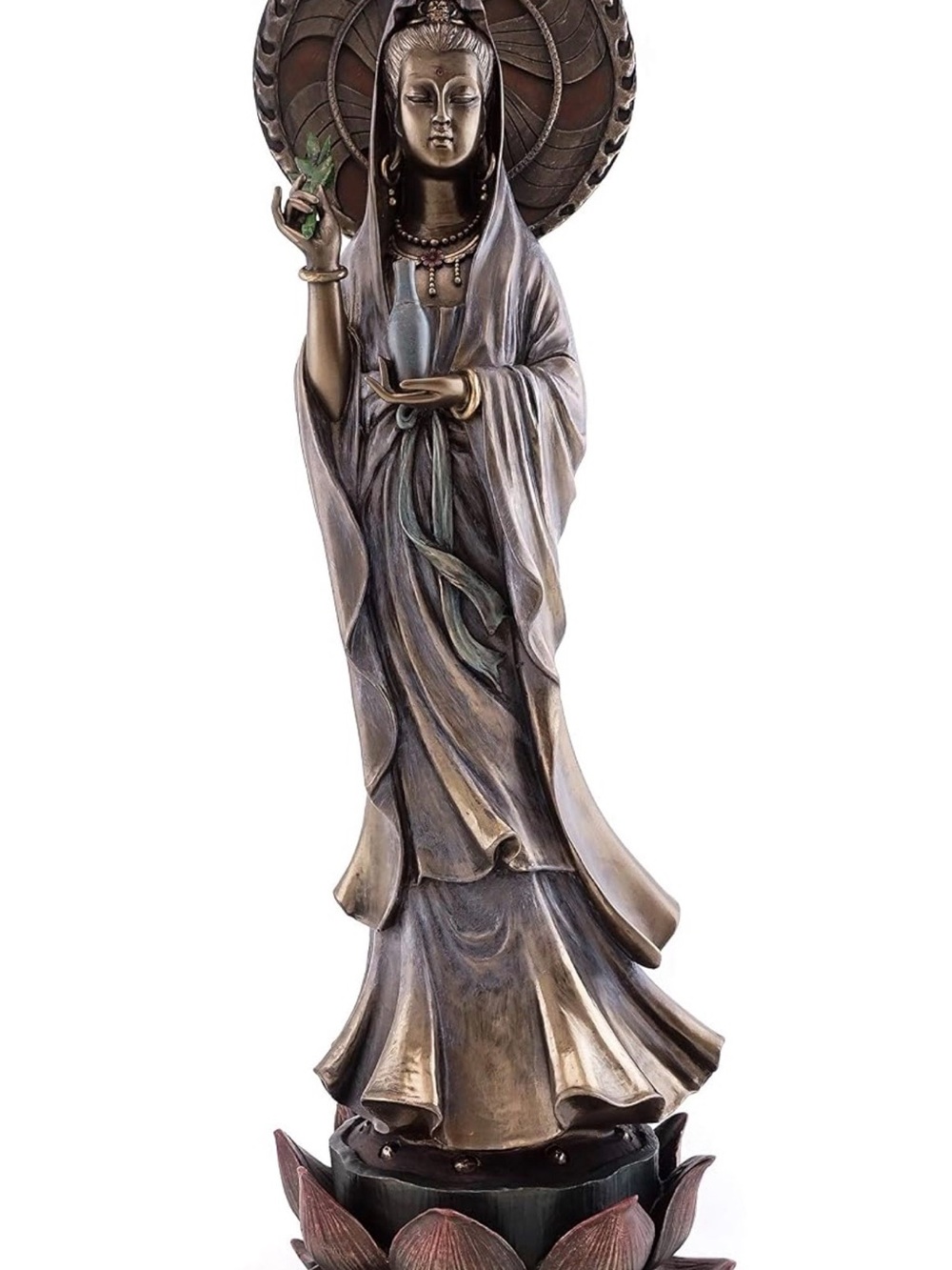 Bronze-Tone Kwan Yin Lotus Sculpture in Green Accents